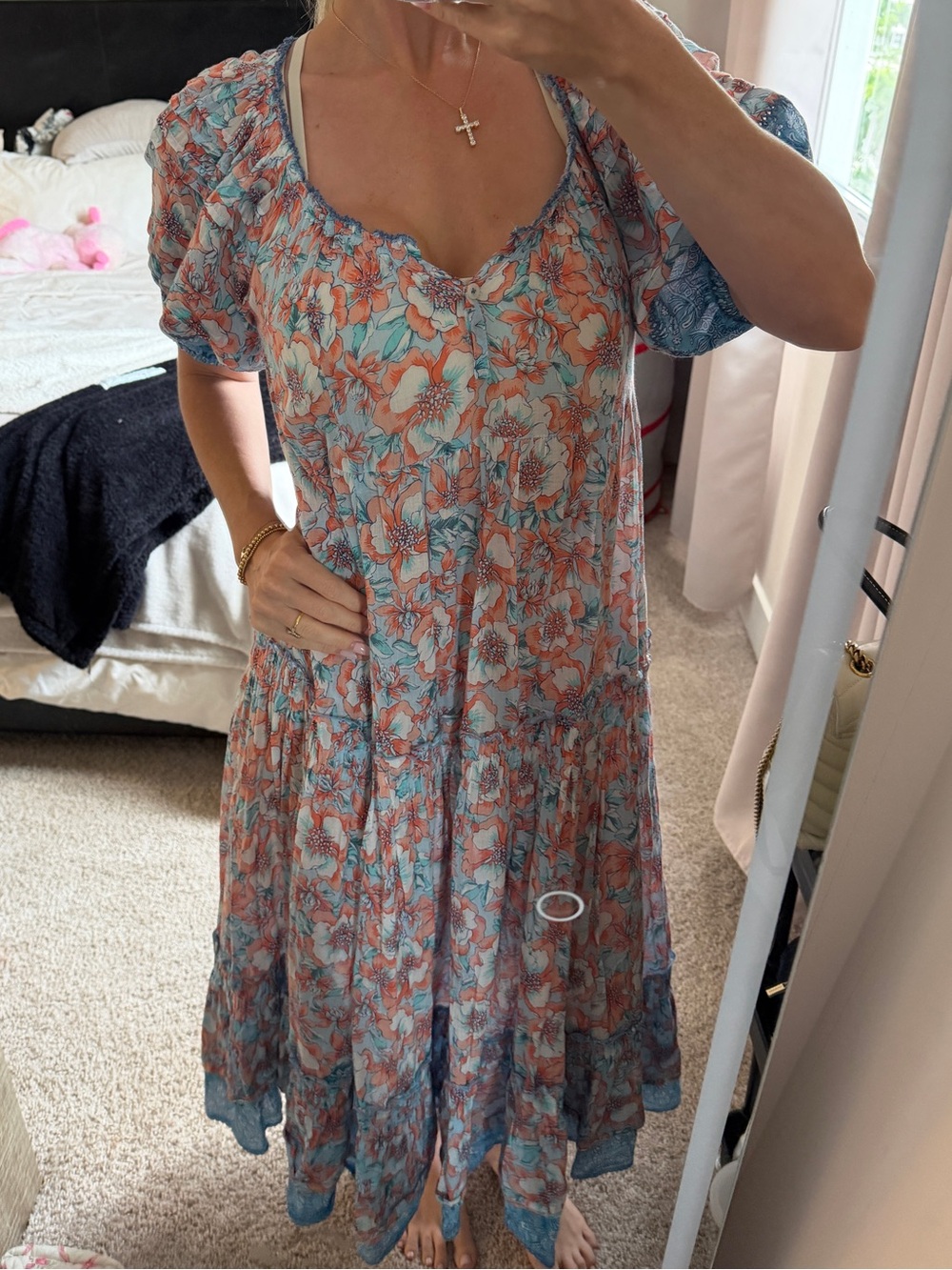 Poupette St. Barth- Floral Puff-Sleeve Midi Dress in Coral & Teal